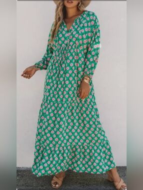 Hipster Row Green Floral Tiered Maxi Dress with Pink Dot Flowers